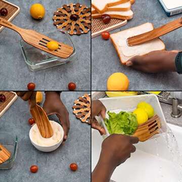 Spurtles Kitchen Tools Wooden, Wooden Spurtle Set of 5, Peanut Butter Stirrer Tool as seen on Tv Products, Wooden Spoons for Cooking Made of Finest Acacia, Spatulas for Kitchen (Bonus silicone Brush)