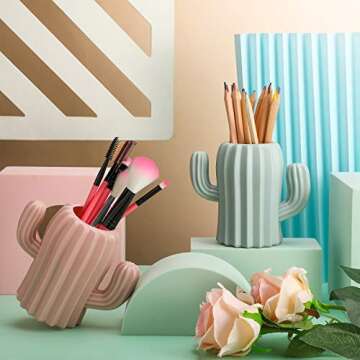 2 Pieces Cactus Pen Holder Cactus Pen Pencil Container Desktop Supplies Pen Cups Cosmetic Makeup Brush Holder for Student Multifunction Storage Box Office (Green)