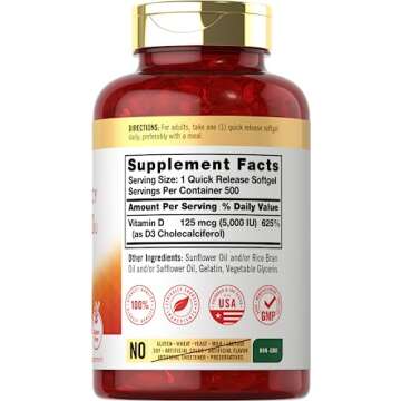 Carlyle Vitamin D3 5000 IU Softgels | 500 Count | Value Size | Non-GMO and Gluten Free Supplement | High Potency Formula | 125mcg
