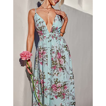 CUPSHE Women's Deep V Neck Maxi Length Dresses Ruffled Criss Cross Summer Dress with Adjustable Straps, Blue Floral Medium