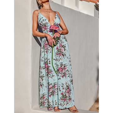 CUPSHE Women's Deep V Neck Maxi Length Dresses Ruffled Criss Cross Summer Dress with Adjustable Straps, Blue Floral Medium