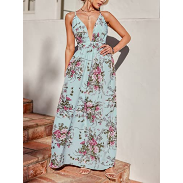 CUPSHE Women's Deep V Neck Maxi Length Dresses Ruffled Criss Cross Summer Dress with Adjustable Straps, Blue Floral Medium