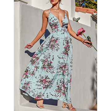 CUPSHE Women's Deep V Neck Maxi Length Dresses Ruffled Criss Cross Summer Dress with Adjustable Straps, Blue Floral Medium