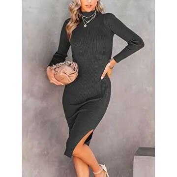 ANRABESS Women Long Sleeve Turtleneck Slim Fit Ribbed Knit Slit Cocktail Party Sweater Midi Dress 2024 Trendy Fall Outfits Black Large