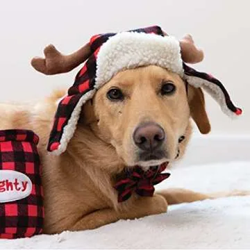 Huxley & Kent Pet Hat | Antler Buffalo Check (Large) | Festive Christmas Holiday Accessory for Dogs/Cats | Holiday Pet Hat | SnugFit Sliding Toggles for Best Fit