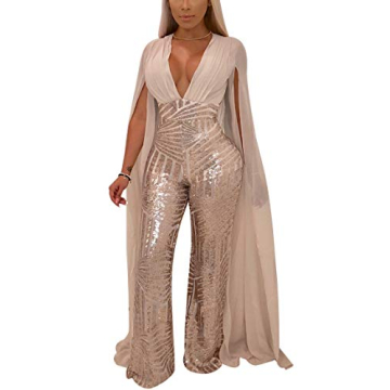 LKOUS Women Sexy Deep V Neck Sequin Long Sleeve Backless Cape Bodycon Jumpsuits Elegant Romper Plus ...