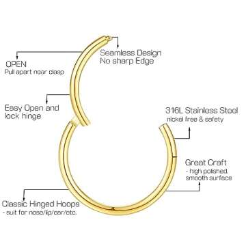 Ldurian 316L Hypoallergenic Nose Ring Hoops - 18G 6mm Gold Plated 316L Surgical Steel Septum Cartila...