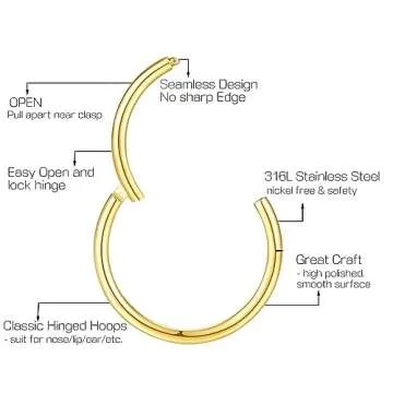 Ldurian 316L Hypoallergenic Nose Ring Hoops - 18G 6mm Gold Plated 316L Surgical Steel Septum Cartila...