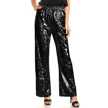 Anna-Kaci Women's Elastic Waist Sparkly Sequin 70's Disco Wide Leg Flare Palazzo Pants, Black, Small