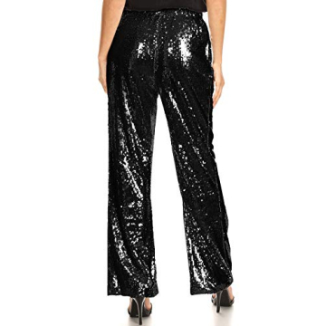 Anna-Kaci Women's Elastic Waist Sparkly Sequin 70's Disco Wide Leg Flare Palazzo Pants, Black, Small