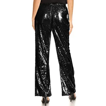 Anna-Kaci Women's Elastic Waist Sparkly Sequin 70's Disco Wide Leg Flare Palazzo Pants, Black, Small