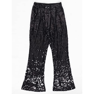 Anna-Kaci Women's Elastic Waist Sparkly Sequin 70's Disco Wide Leg Flare Palazzo Pants, Black, Small