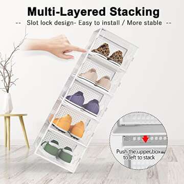 Kuject Shoe Organizers Storage Boxes for Closet, 12 Pack Clear Plastic Stackable Storage Bins with L...