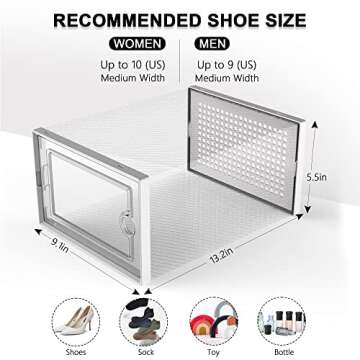 Kuject Shoe Organizers Storage Boxes for Closet, 12 Pack Clear Plastic Stackable Storage Bins with Lids, Under Bed Shoe Containers for Entryway, Drop Front, Fit up to Women's Size 10,White