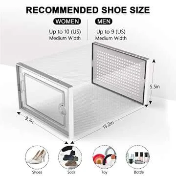 Kuject Shoe Organizers Storage Boxes for Closet, 12 Pack Clear Plastic Stackable Storage Bins with Lids, Under Bed Shoe Containers for Entryway, Drop Front, Fit up to Women's Size 10,White