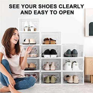 Kuject Shoe Organizers Storage Boxes for Closet, 12 Pack Clear Plastic Stackable Storage Bins with Lids, Under Bed Shoe Containers for Entryway, Drop Front, Fit up to Women's Size 10,White