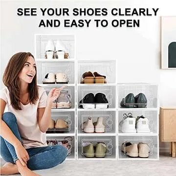 Kuject Shoe Organizers Storage Boxes for Closet, 12 Pack Clear Plastic Stackable Storage Bins with Lids, Under Bed Shoe Containers for Entryway, Drop Front, Fit up to Women's Size 10,White