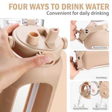 BLUEGO 64oz Glass Water Bottles with Straw Time Marker Half Gallon Large Motivational Water Bottle w...