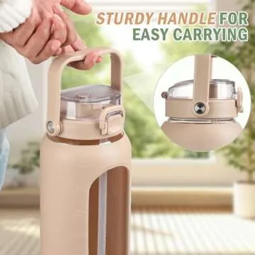 BLUEGO 64oz Glass Water Bottles with Straw Time Marker Half Gallon Large Motivational Water Bottle with Silicone Sleeve 2 Liter Large Glass Water Jug for Gym, Sports& Workout, Daily, Amber