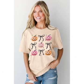 GLIGLITTR Halloween Pumpkin Shirt Women Coquette Bow Graphic Tshirt Spooky Season Outfit Short Sleev...