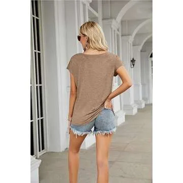 MEROKEETY Women's Casual Cap Sleeve T Shirts Basic Summer Tops Loose Solid Color Blouse, Khaki, Medium