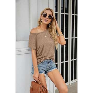 MEROKEETY Women's Casual Cap Sleeve T Shirts Basic Summer Tops Loose Solid Color Blouse, Khaki, Medium
