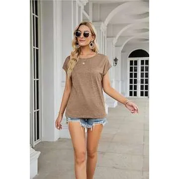 MEROKEETY Women's Casual Cap Sleeve T Shirts Basic Summer Tops Loose Solid Color Blouse, Khaki, Medium