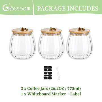 Glasseam Airtight Glass Jars with Bamboo Lids, Pack of 3 Air Tight Pumpkin Coffee Jar for Counter, Small Food Storage Container with Labels for Candy Sugar Cookie, Kitchen Canister Set for Herb Spice