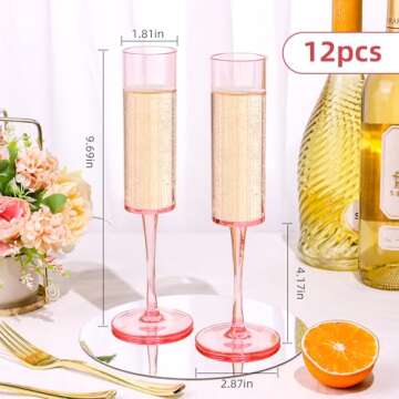 DI QIU REN 12 Pcs Pink Champagne Flutes Plastic, 6 OZ Square Pink Champagne Glasses Reusable Stemmed...