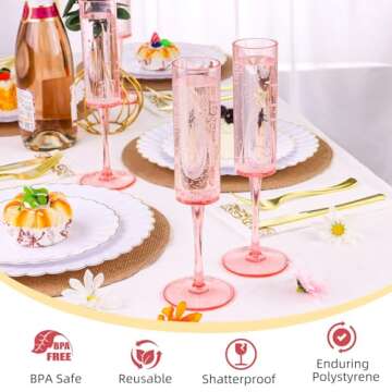 DI QIU REN 12 Pcs Pink Champagne Flutes Plastic, 6 OZ Square Pink Champagne Glasses Reusable Stemmed Wedding Champagne Flutes Unbreakable Shatterproof Wedding Toasting Flutes for Party Wedding Holiday