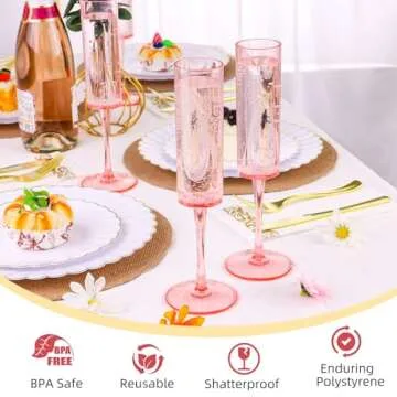 DI QIU REN 12 Pcs Pink Champagne Flutes Plastic, 6 OZ Square Pink Champagne Glasses Reusable Stemmed Wedding Champagne Flutes Unbreakable Shatterproof Wedding Toasting Flutes for Party Wedding Holiday