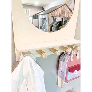 Bush Acres Montessori Entry Mirror - Toddler Self Care Station – Toddler Vanity Mirror - Kids Room Mirror - Montessori Shelf - Kids Entryway Mirror