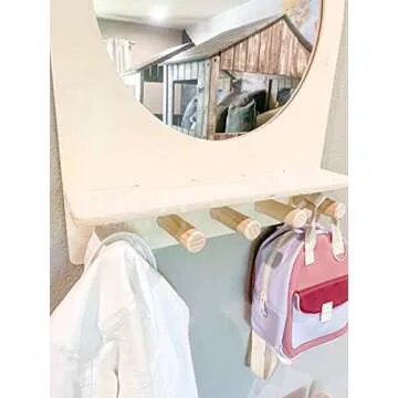 Bush Acres Montessori Entry Mirror - Toddler Self Care Station – Toddler Vanity Mirror - Kids Room Mirror - Montessori Shelf - Kids Entryway Mirror