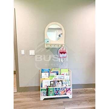 Bush Acres Montessori Entry Mirror - Toddler Self Care Station – Toddler Vanity Mirror - Kids Room Mirror - Montessori Shelf - Kids Entryway Mirror