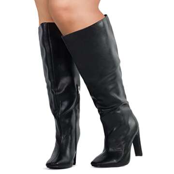 RF ROOM OF FASHION Women's Plus Size Square Toe Knee High Dress Boots (Wide Calf Wide Width) BLACK PU Size.9