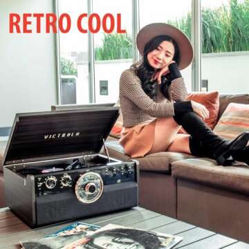 Victrola Empire Mid-Century 6-in-1 Turntable with 3 Speed Record Player, Bluetooth Connectivity, Radio, Cassette and CD Player (Farmhouse Walnut)