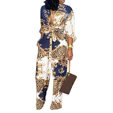 Floral Leopard Jumpsuits for Women Elegant Long Sleeve Long Straight Pants Button Down Party Club Ju...