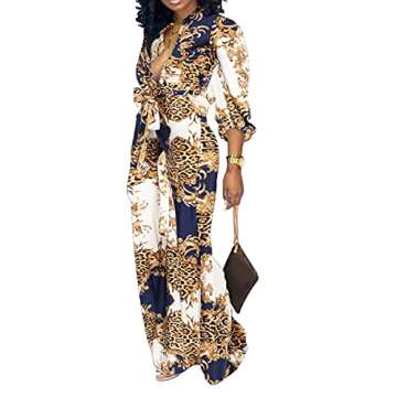 Floral Leopard Jumpsuits for Women Elegant Long Sleeve Long Straight Pants Button Down Party Club Jumpsuit with Pockets Belt(Small)