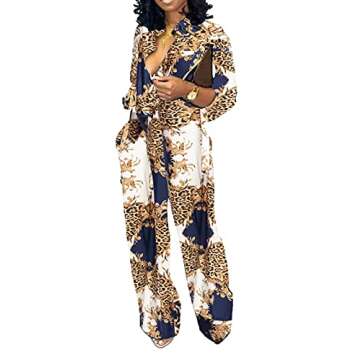 Floral Leopard Jumpsuits for Women Elegant Long Sleeve Long Straight Pants Button Down Party Club Jumpsuit with Pockets Belt(Small)