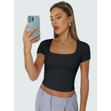 Trendy Queen Womens Square Neck Going Out Crop Tops Short Sleeve T Shirts Summer Cute Clothes Basics Tees, Black, L