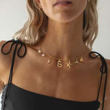 Ewrkbr Initial Necklaces for Women, 14K Gold Charm Shell Letter Necklace Chunky Statement Starfish Choker Necklaces for Women Trendy Beach Charm Bubble Letter Necklace Cute Gold Summer Jewelry