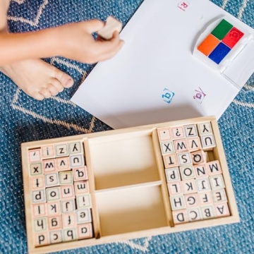 Melissa & Doug Wooden Alphabet Stamp Set - 56 Stamps With Lower-Case and Capital Letters - Preschool Writing Toys, ABC Stamps, Kids Arts & Crafts, Letter Stamps For Kids Ages 4+