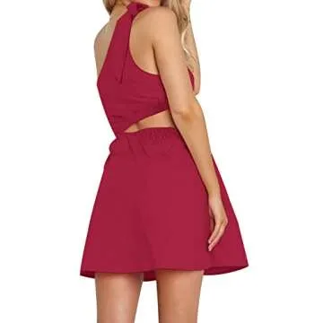 IVIR Women's One Shoulder Dress Sleeveless Tie Knot Cutout A Line Casual Short Dress Red