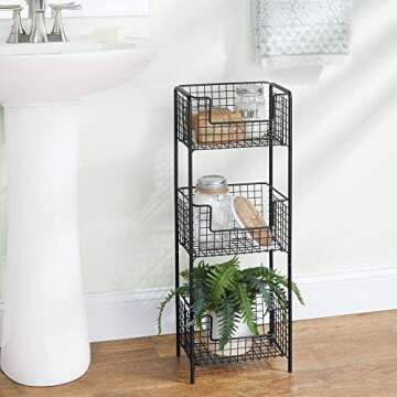 mDesign Steel Freestanding Storage Organizer Tower Rack Basket Shelf, Metal 3-Tier Furniture Unit fo...