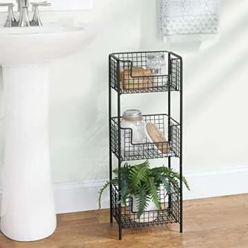 mDesign Steel Freestanding Storage Organizer Tower Rack Basket Shelf, Metal 3-Tier Furniture Unit for Master/Guest Bathroom, Powder Room - Holds Bath Towels, Soap - Concerto Collection - Black