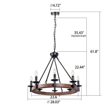 Wellmet 8 Lights Farmhouse Iron Chandeliers for Dining Rooms 28 inch, Wagon Wheel Chandelier Candle Style, Rustic Hanging Ceiling Light Fixture Bedroom Living Room Foyer Hallway, Faux Wood Finish