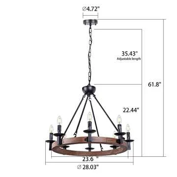 Wellmet 8 Lights Farmhouse Iron Chandeliers for Dining Rooms 28 inch, Wagon Wheel Chandelier Candle Style, Rustic Hanging Ceiling Light Fixture Bedroom Living Room Foyer Hallway, Faux Wood Finish