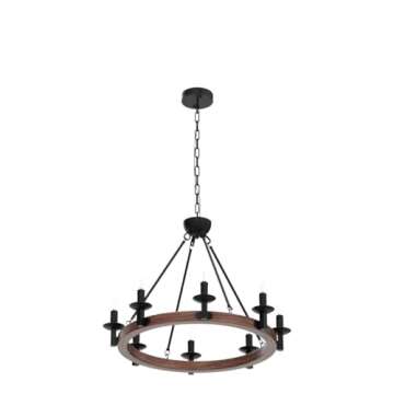 Wellmet 8 Lights Farmhouse Iron Chandeliers for Dining Rooms 28 inch, Wagon Wheel Chandelier Candle Style, Rustic Hanging Ceiling Light Fixture Bedroom Living Room Foyer Hallway, Faux Wood Finish