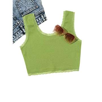 Verdusa Women's Contrast Lace Scoop Neck Solid Ribbed Tank Crop Top Lime Green M