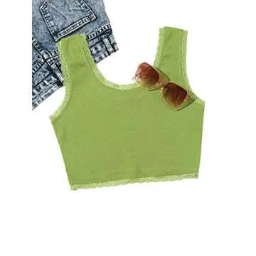 Verdusa Women's Contrast Lace Scoop Neck Solid Ribbed Tank Crop Top Lime Green M